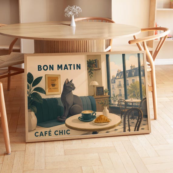 Digital Download Bon Matin Cafe Chic Black Cat Paris Window View Printable French Typography Print File