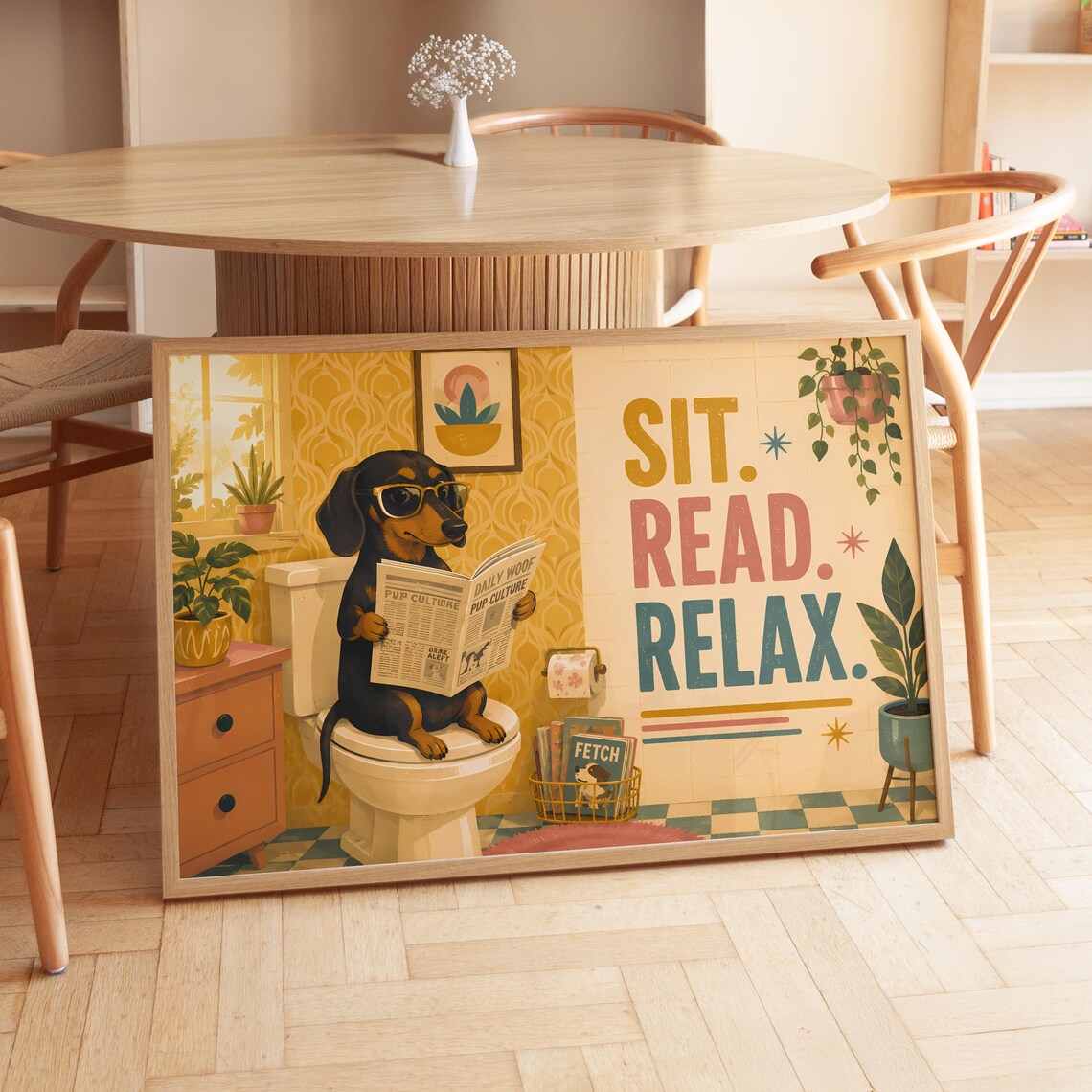 Sit Read Relax Dachshund On Toilet With Sunglasses Funny Retro Dog Poster