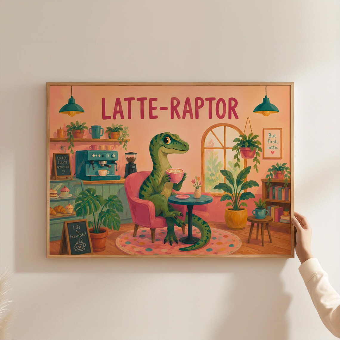 Cute Dinosaur Coffee Poster, Funny Dino Cafe Art Print