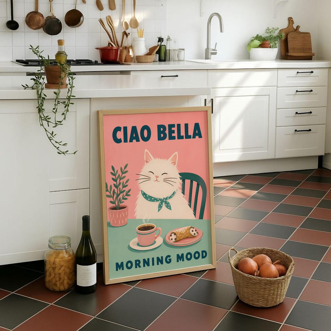 Ciao Bella Morning Mood White Cat Coffee Cannoli Cute Kitchen Poster