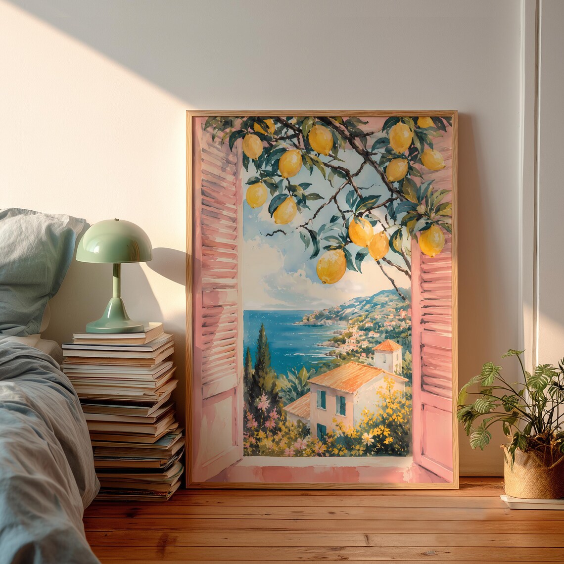 Lemon Branch Window View Sunny Coastal Village Watercolor Art Poster