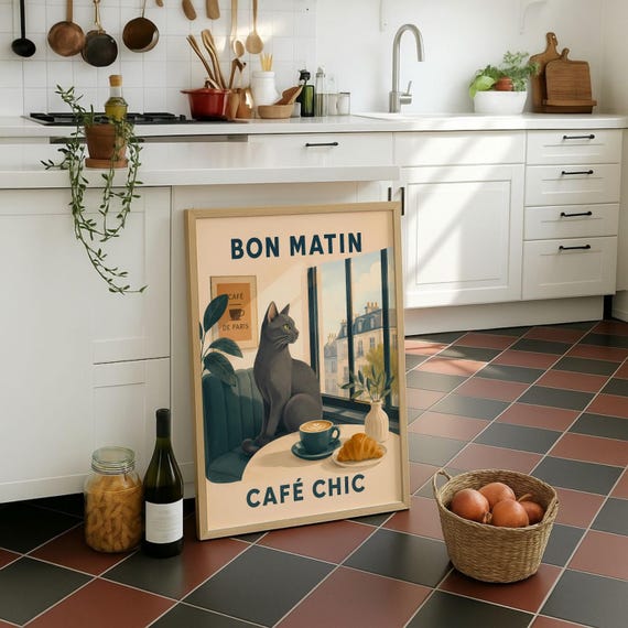 Vintage Black Cat Croissant Art, Paris Café Poster
