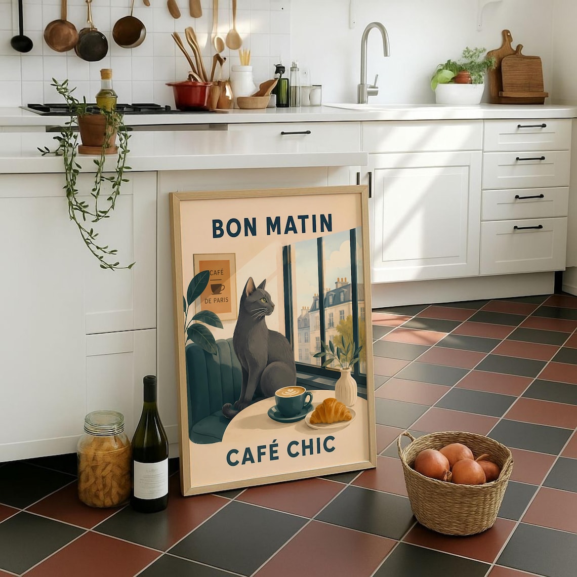 Vintage Black Cat Croissant Art, Paris Café Poster