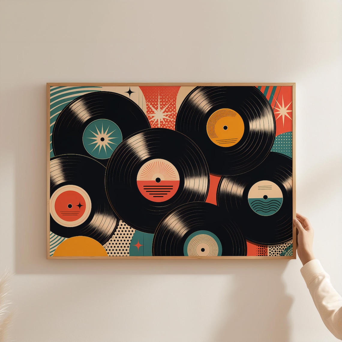 Retro Vinyl Records Collage Poster in Bold Midcentury Colors and Patterns