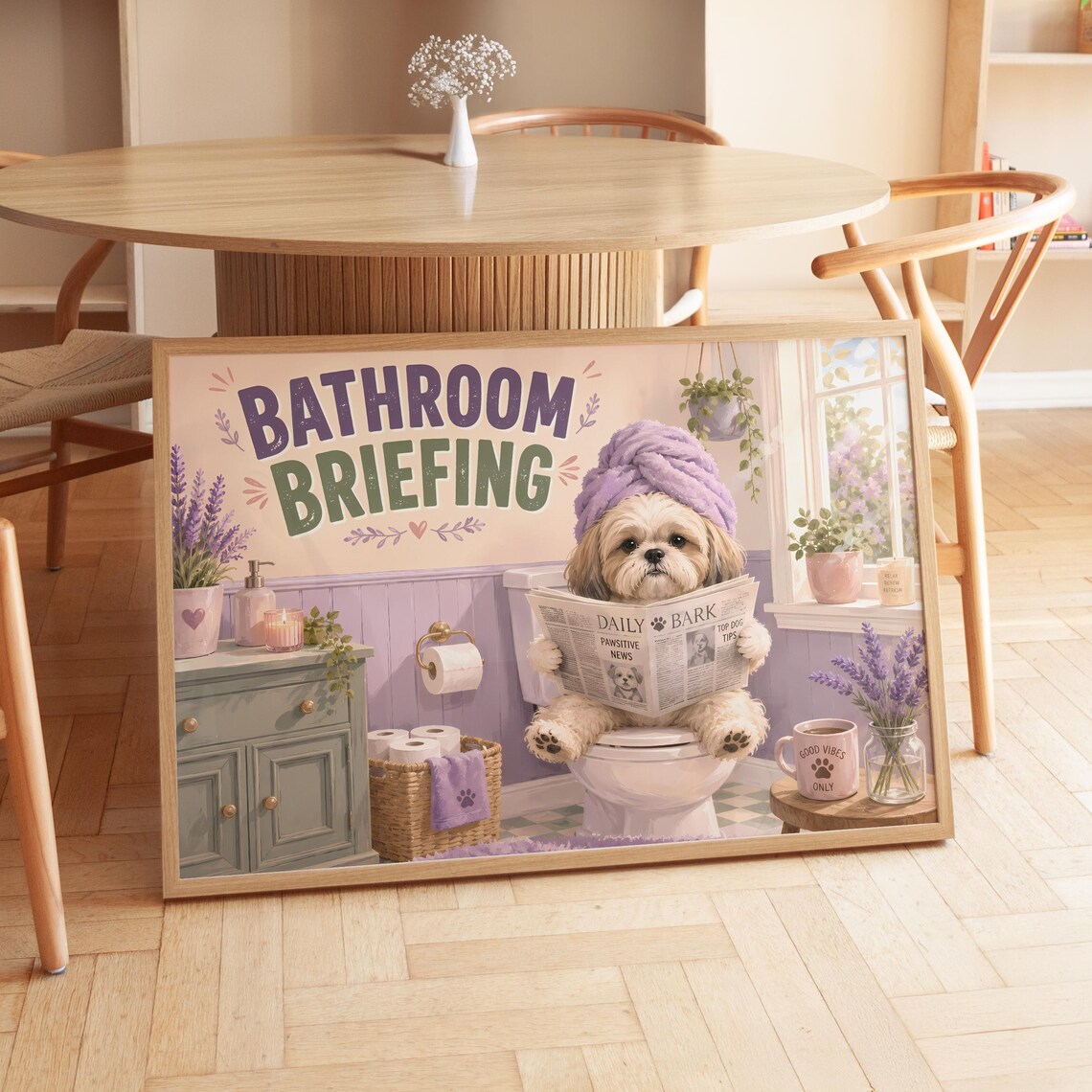 Funny Dog On Toilet Bathroom Briefing Art Print
