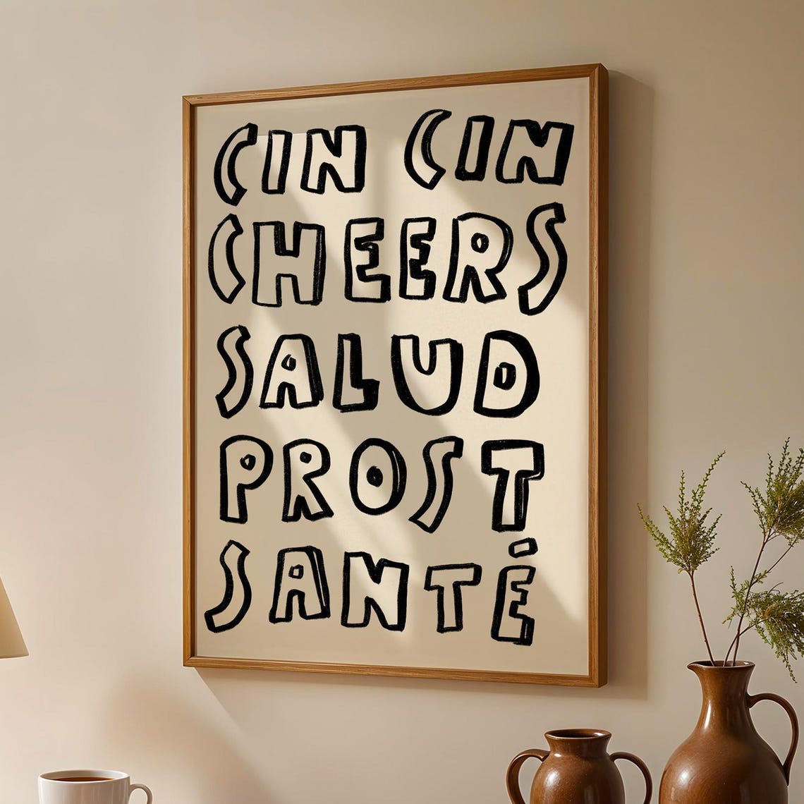 Cheers in Five Languages Hand Lettered Bar Kitchen Decor Poster