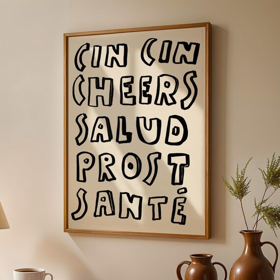 Cheers in Five Languages Hand Lettered Bar Kitchen Decor Poster