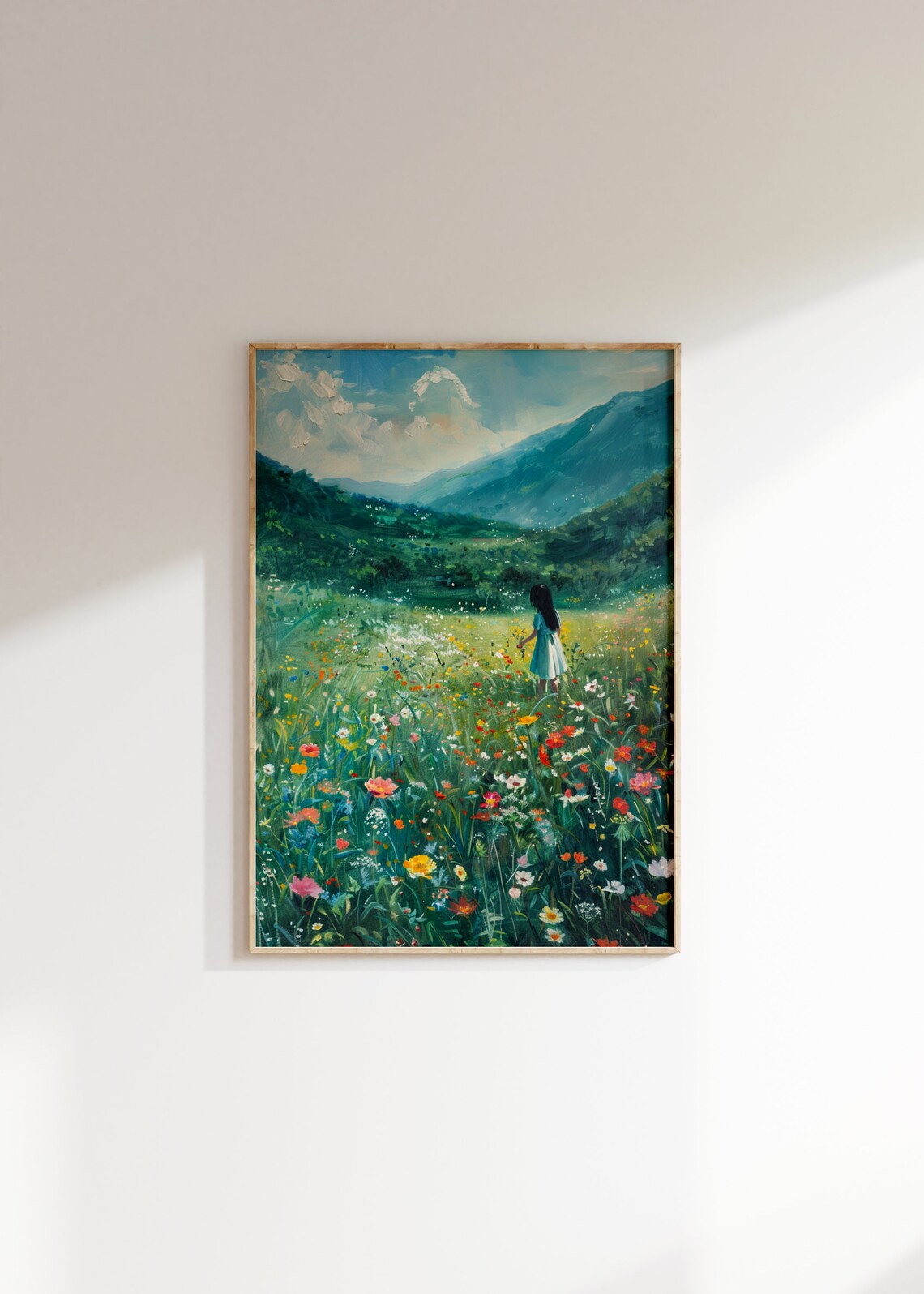 Girl in Wildflower Meadow Mountain Valley Colorful Oil Poster - Image 2