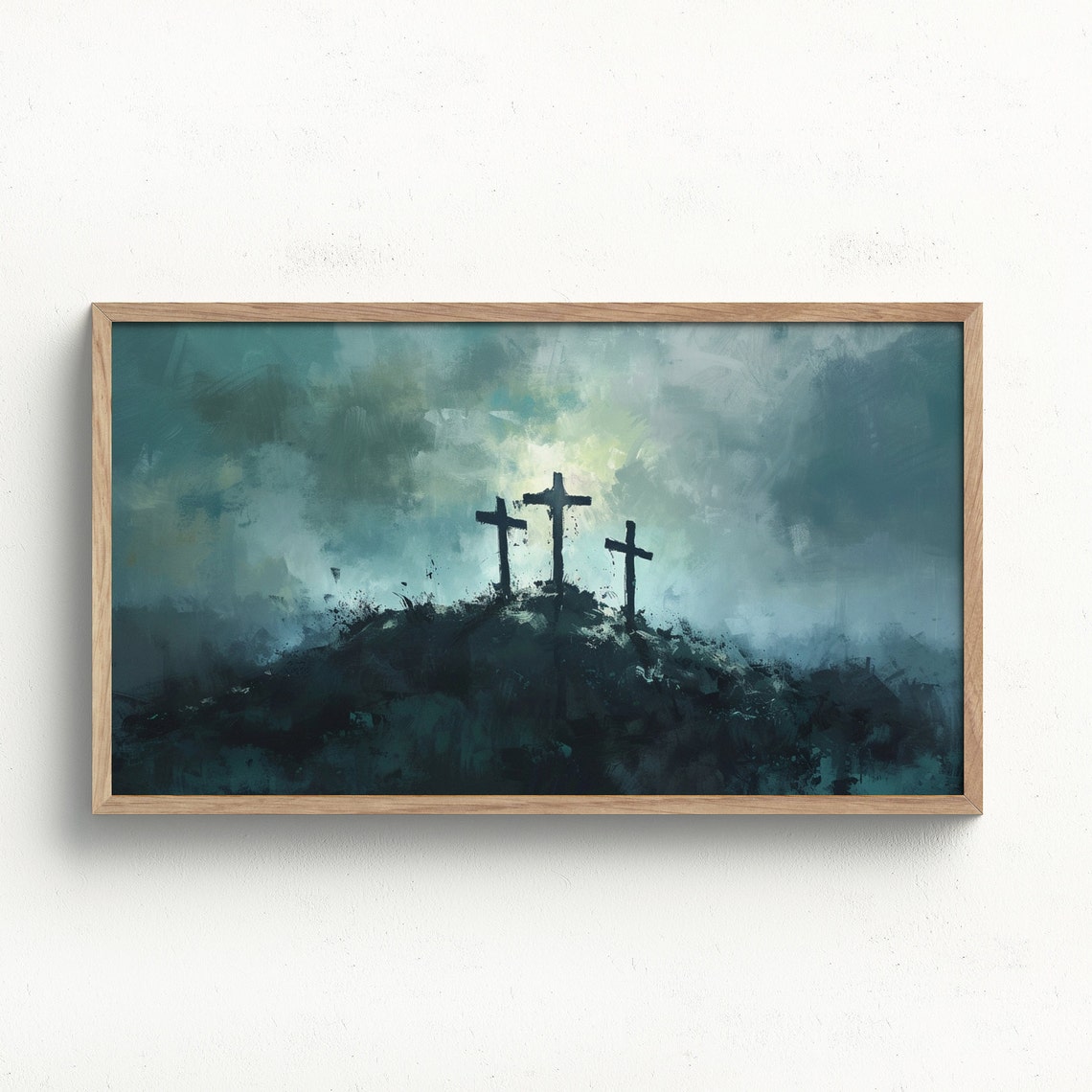 Three Crosses Moody Teal Stormy Sky Calvary Easter Christian Poster