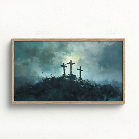 Three Crosses Moody Teal Stormy Sky Calvary Easter Christian Poster
