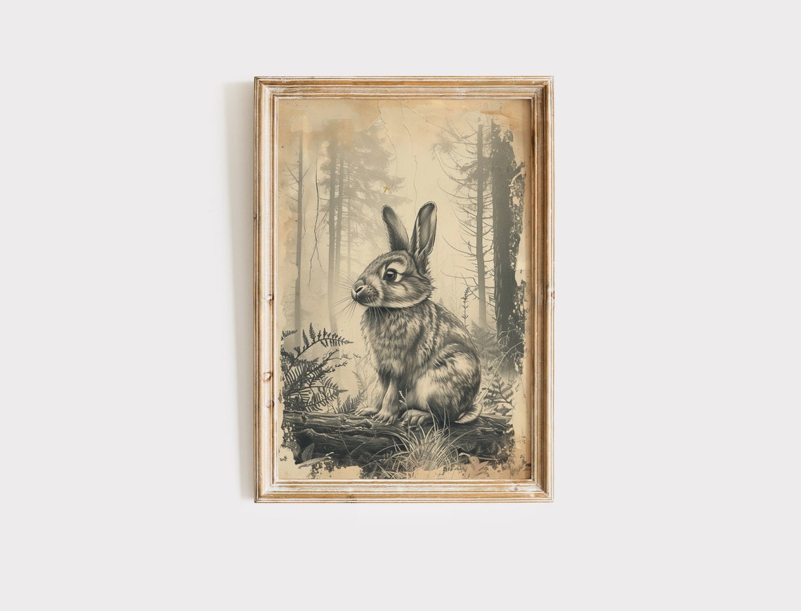 Rabbit in Misty Forest Vintage Sketch Woodland Bunny Nature Print - Image 2