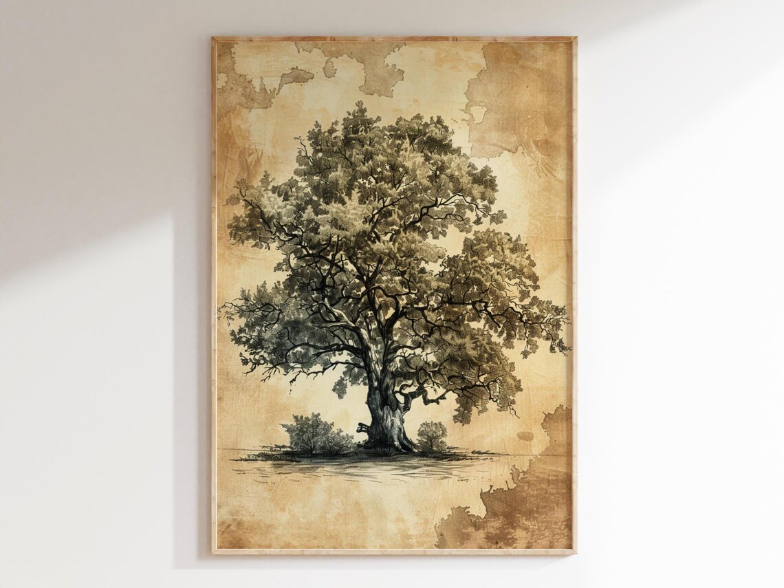 Vintage Oak Tree Sketch Rustic Wall Art Wall Decor Neutral Living Room Artwork Antique Bedroom Nursery Print