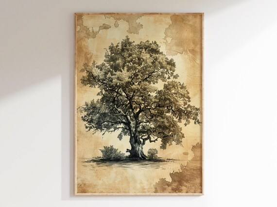 Vintage Oak Tree Sketch Rustic Wall Art Wall Decor Neutral Living Room Artwork Antique Bedroom Nursery Print