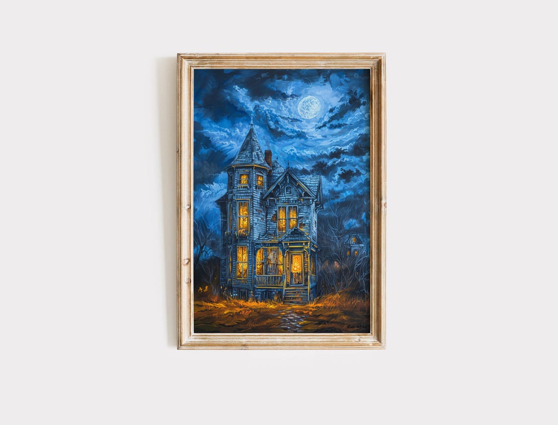 Halloween Wall Art Haunted House Painting Spooky Fall Decor Autumn Artwork Print Dark Academia Moody Decoration - Image 2