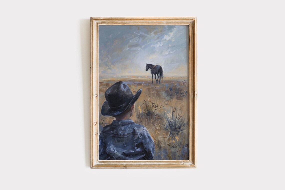 Little Cowboy Boy Watching Horse In Open Prairie Western Art Poster