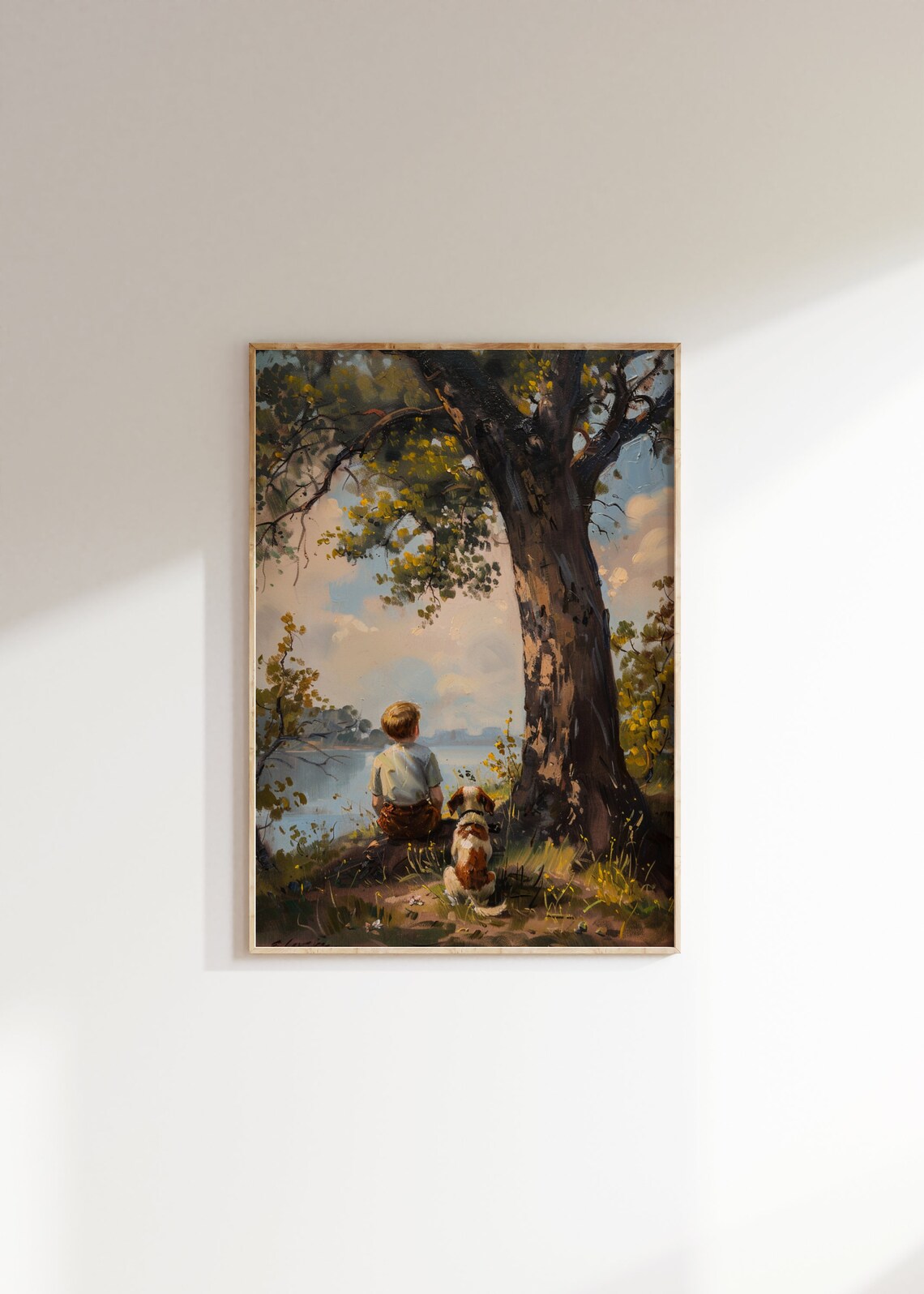 Boy and Dog Under Big Tree by Lake Vintage Oil Painting Print - Image 2