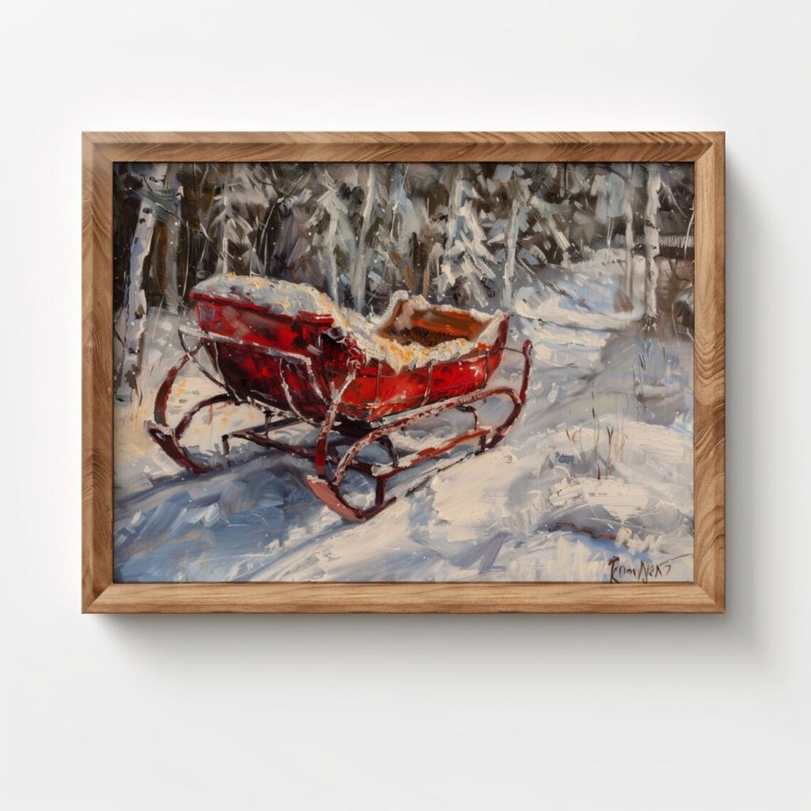 Antique Red Sleigh In Snowy Pine Forest Winter Christmas Art Poster