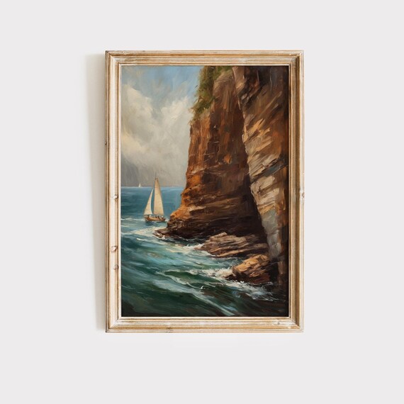 Vintage Ocean Cliff Sailboat Painting Summer Decor Print Seaside Nautical Ocean Wall Art Beach House Art