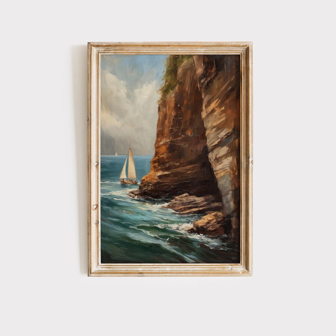 Vintage Ocean Cliff Sailboat Painting Summer Decor Print Seaside Nautical Ocean Wall Art Beach House Art