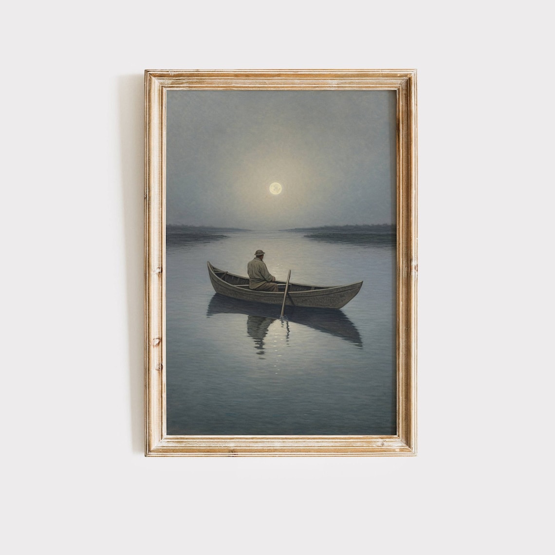 Fisherman In Canoe Under Full Moon Misty Lake Night Vintage Art Poster