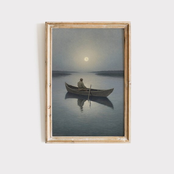 Vintage Fishing Painting Canoe Fisherman Print Nautical Wall Art Small Boat Art Lake House Decor