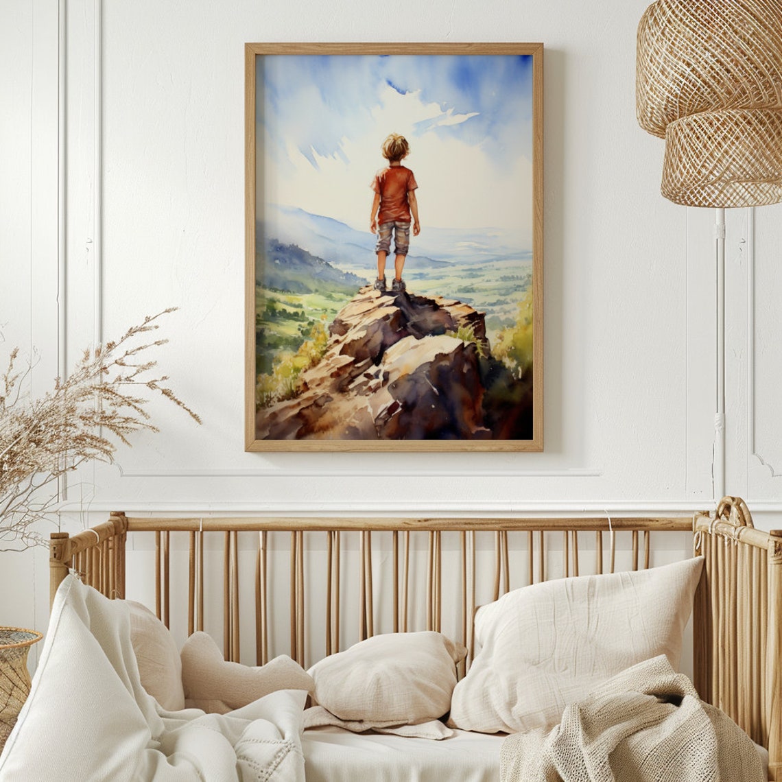 Young Boy On Cliff Overlooking Valley Watercolor Adventure Poster - Image 2