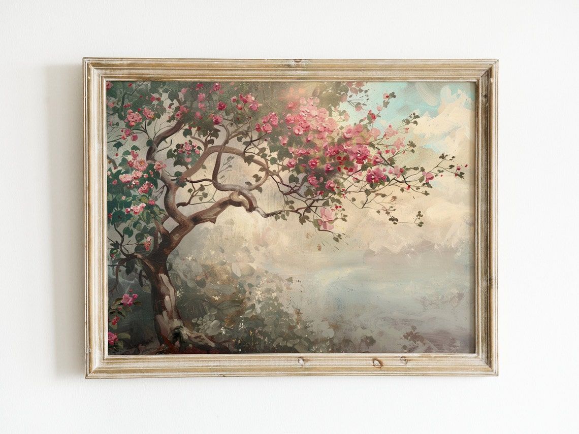 Pink Flowering Tree Twisted Branches Dreamy Pastel Botanical Poster