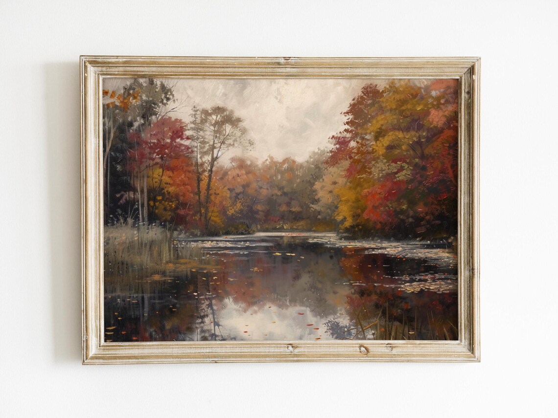 Autumn Pond Fall Foliage Oil Painting Vintage Rustic Wall Art Poster