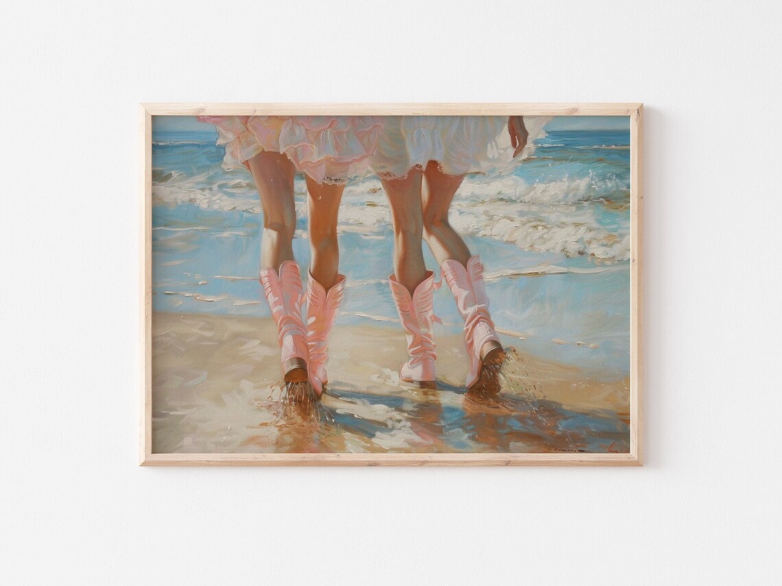 Coastal Cowgirl Pink Boots Beach Poster, Retro Preppy