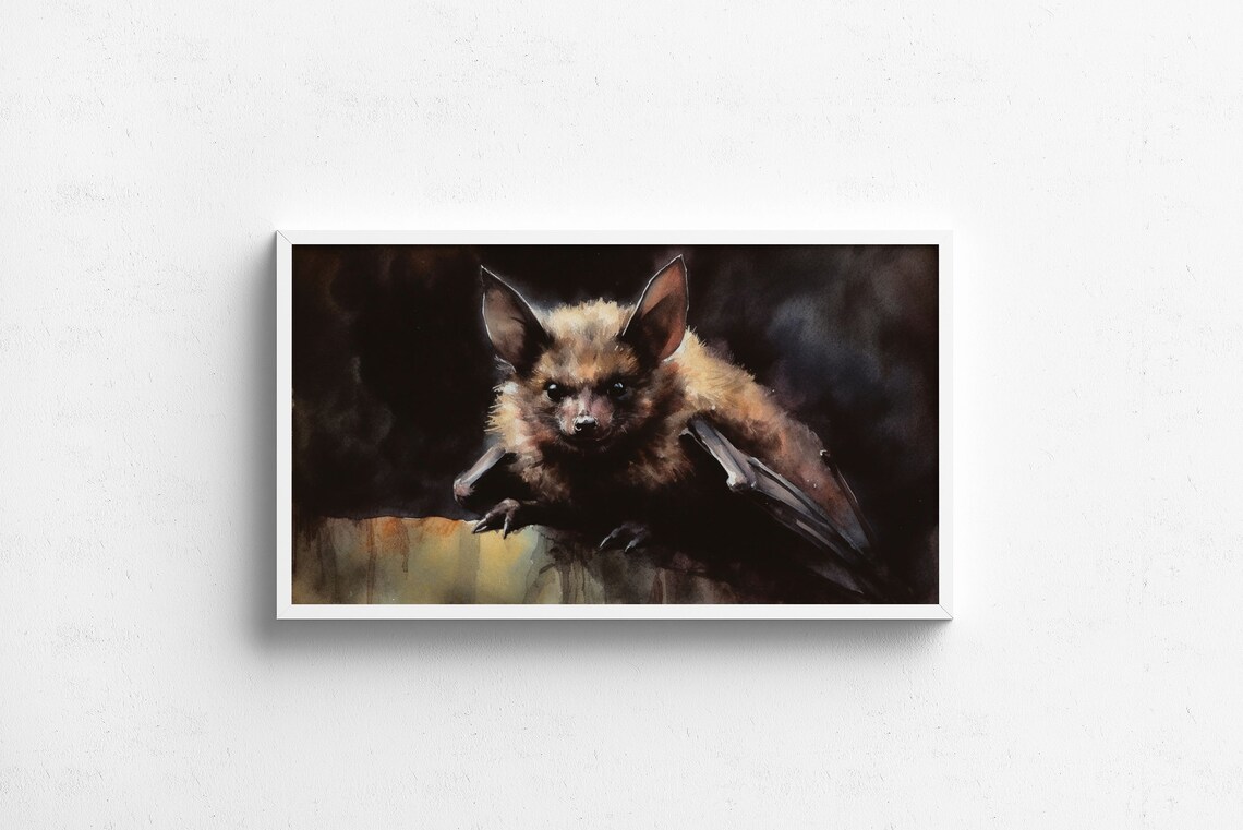 Realistic Bat Close Up Portrait Dark Moody Watercolor Animal Art Poster - Image 2