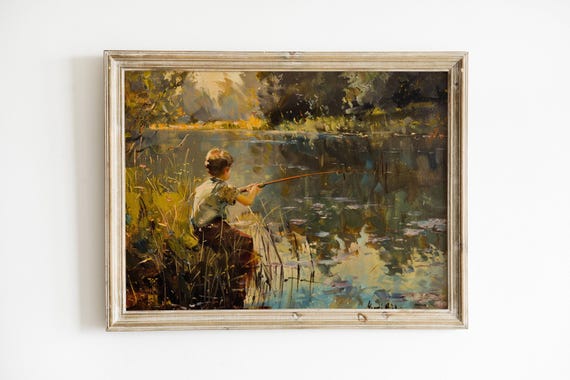 Vintage Boys Room Art Boy Fishing In A Pond Painting Wall Decor Print Boys Nursery Artwork