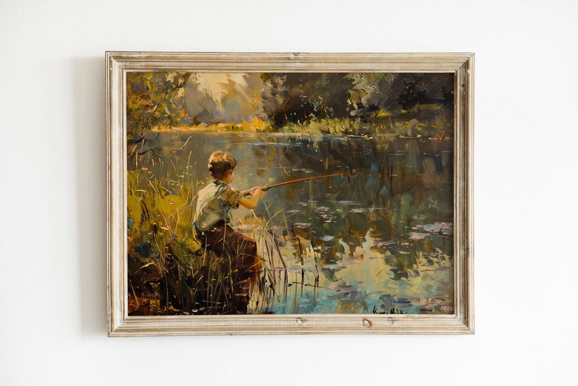 Vintage Boys Room Art Boy Fishing In A Pond Painting Wall Decor Print Boys Nursery Artwork