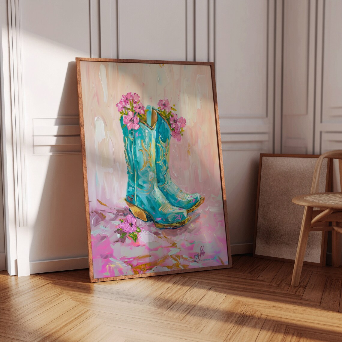 Turquoise Cowboy Boot Pink Flowers Preppy Pink Coastal Art Poster
