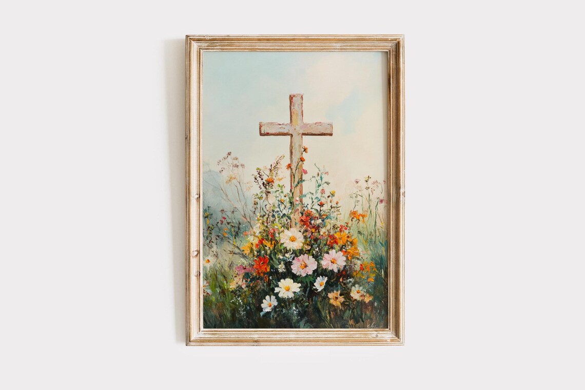 Vintage Cross Easter Art Print, Christian Wall Decor