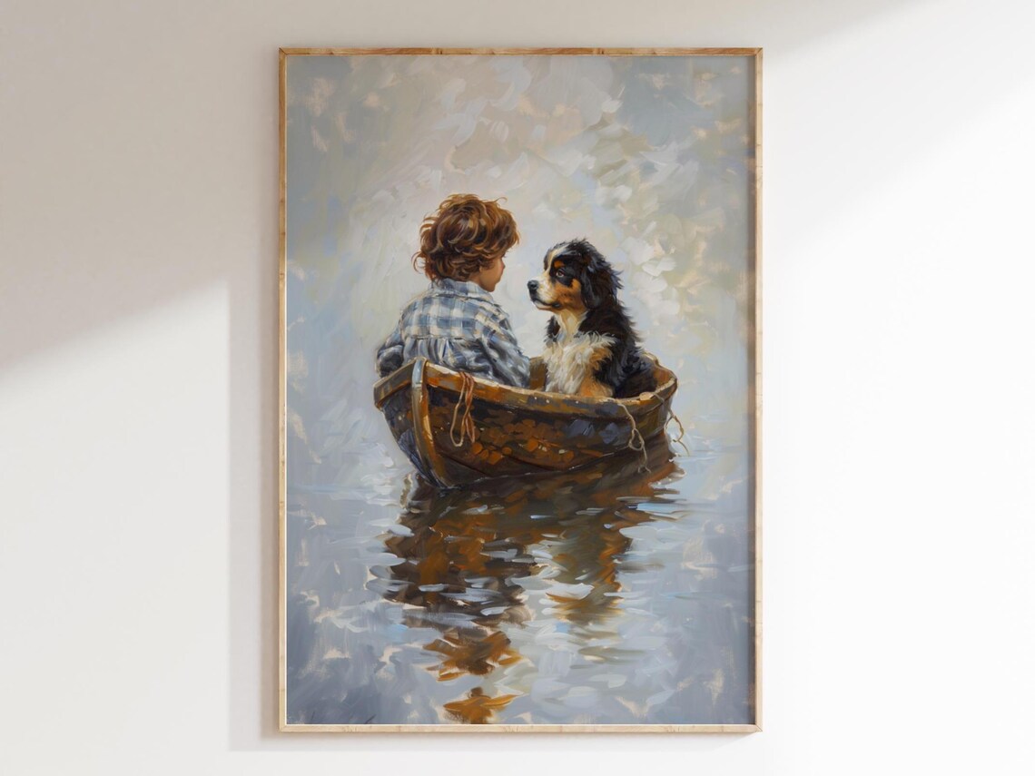 Vintage Boy and Dog on Boat Oil Painting Print
