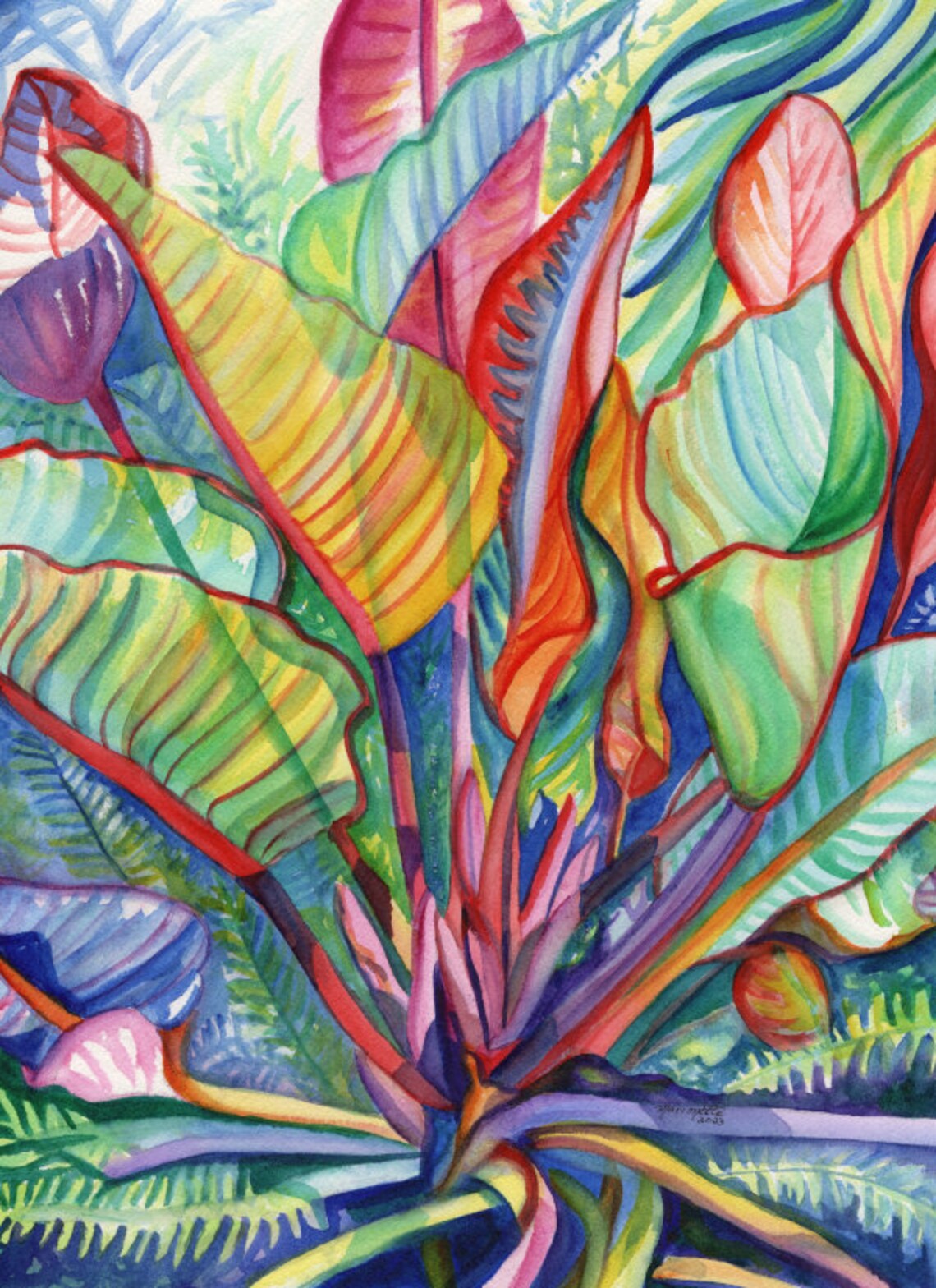 Red Banana Plant Colorful Tropical Leaves Watercolor Art Print Hawaii