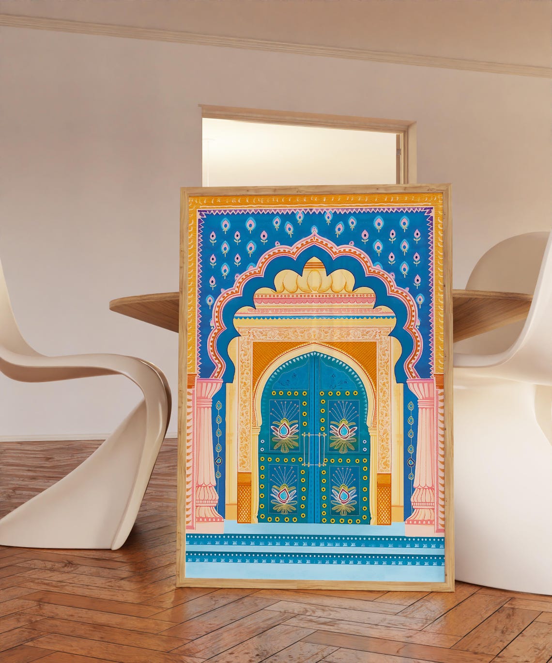 Indian Palace Ornate Archway Blue Gold Rajasthan Style Wall Art