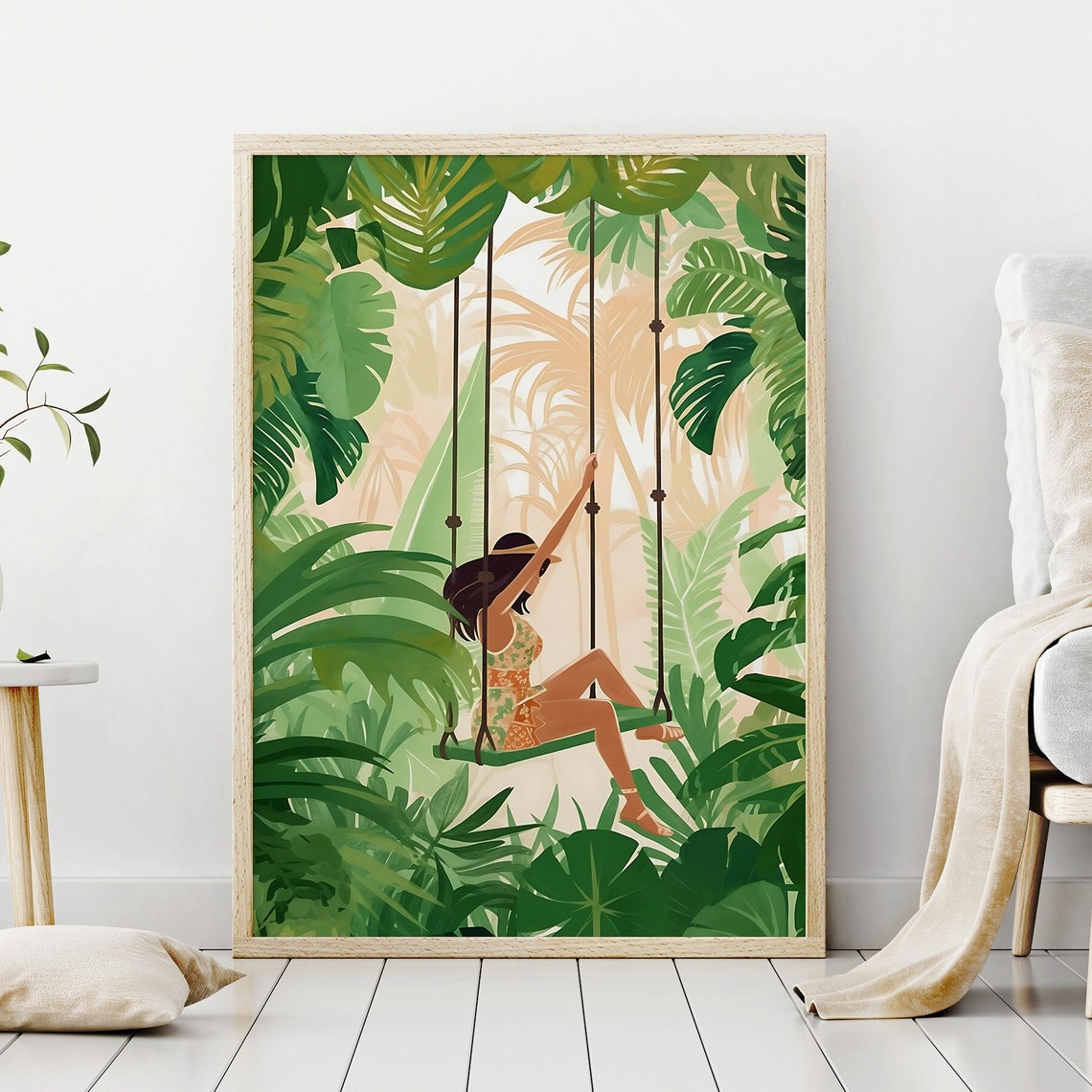 Woman On A Rope Swing In A Lush Tropical Jungle Illustration Poster