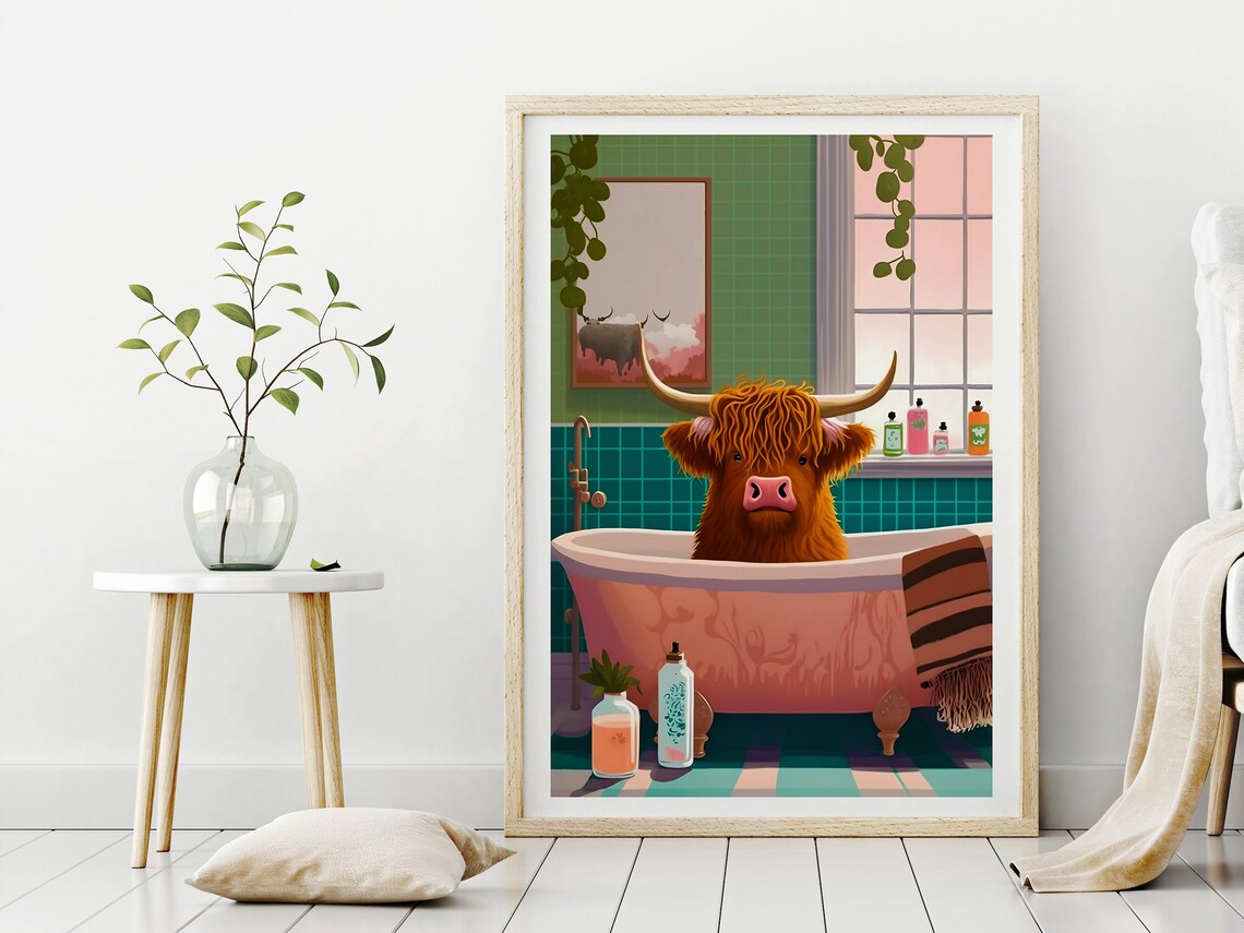Highland Cow In Bathtub Bathroom Art Print - Image 3