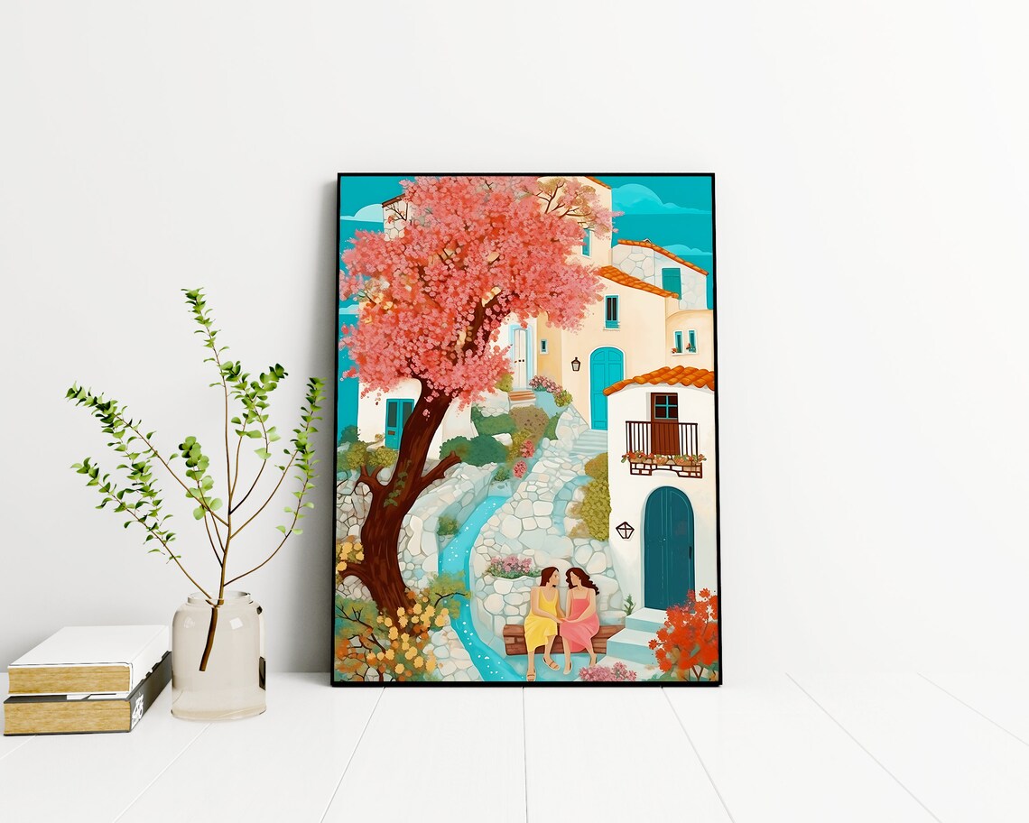 Greek Village Pink Blossom Tree Two Women Chatting Spring Poster - Image 2