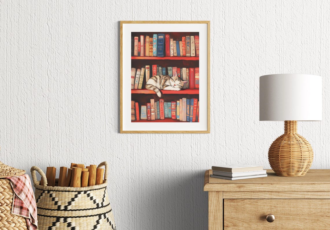 Sleepy Tabby Cat on Red Bookshelf Cozy Library Reading Nook Poster - Image 3