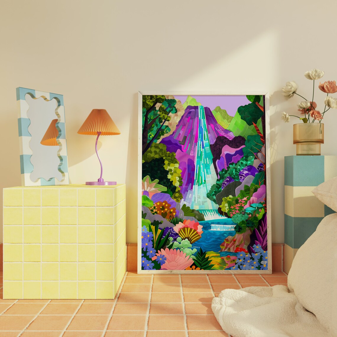 Abstract Waterfall Patchwork Art Print, Living Room - Image 3