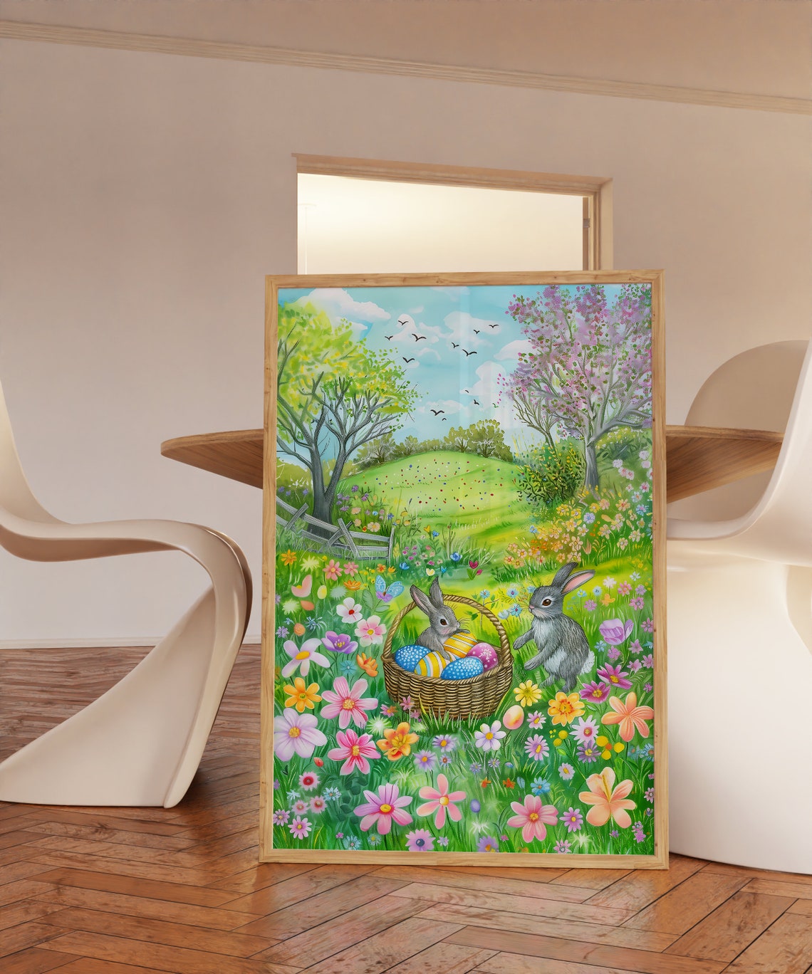 Easter Bunnies Painted Eggs Basket Spring Meadow Scene Art Poster - Image 2
