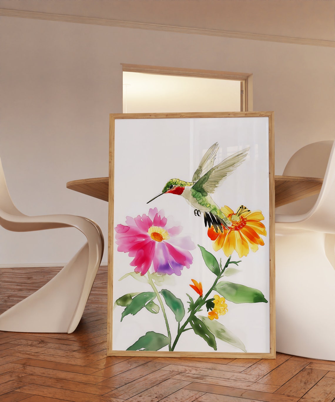 Delicate Hummingbird With Pink And Orange Flowers Watercolor Poster - Image 3