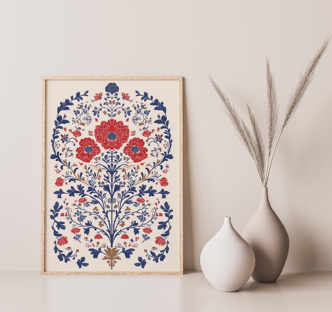 Vintage Botanical Floral Illustration Poster In Red And Blue Tones - Image 2