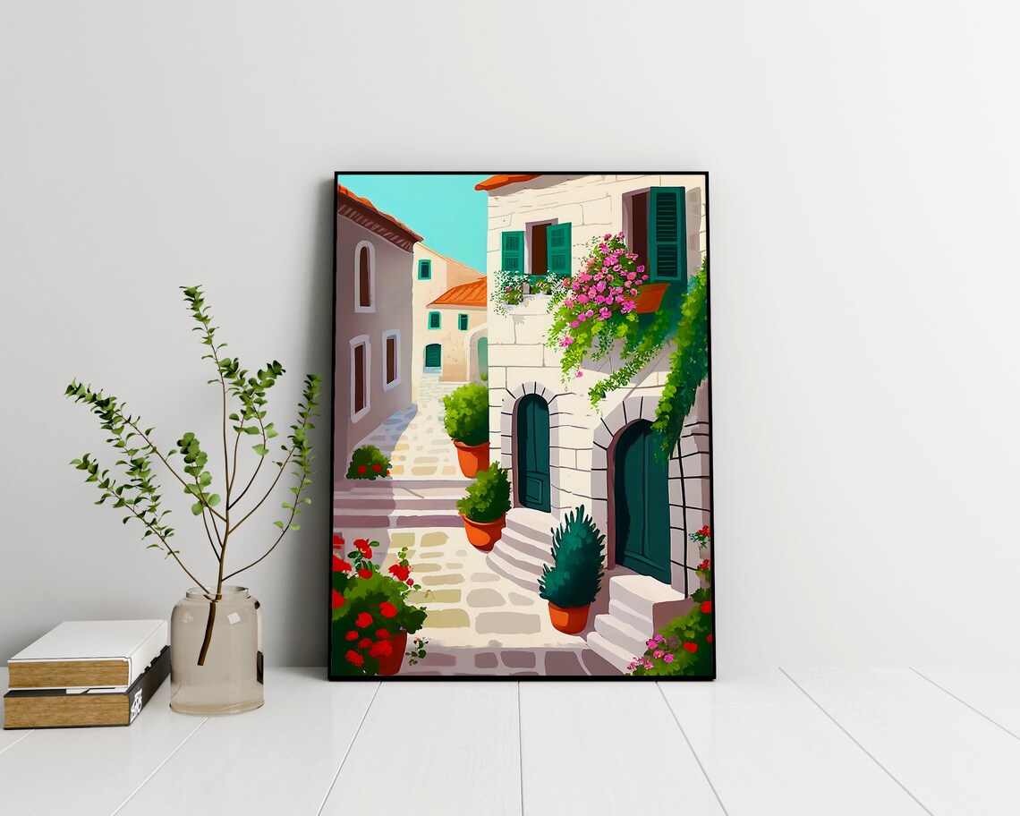Croatia Travel Poster Old Stone Alley With Flowers Mediterranean Art - Image 2
