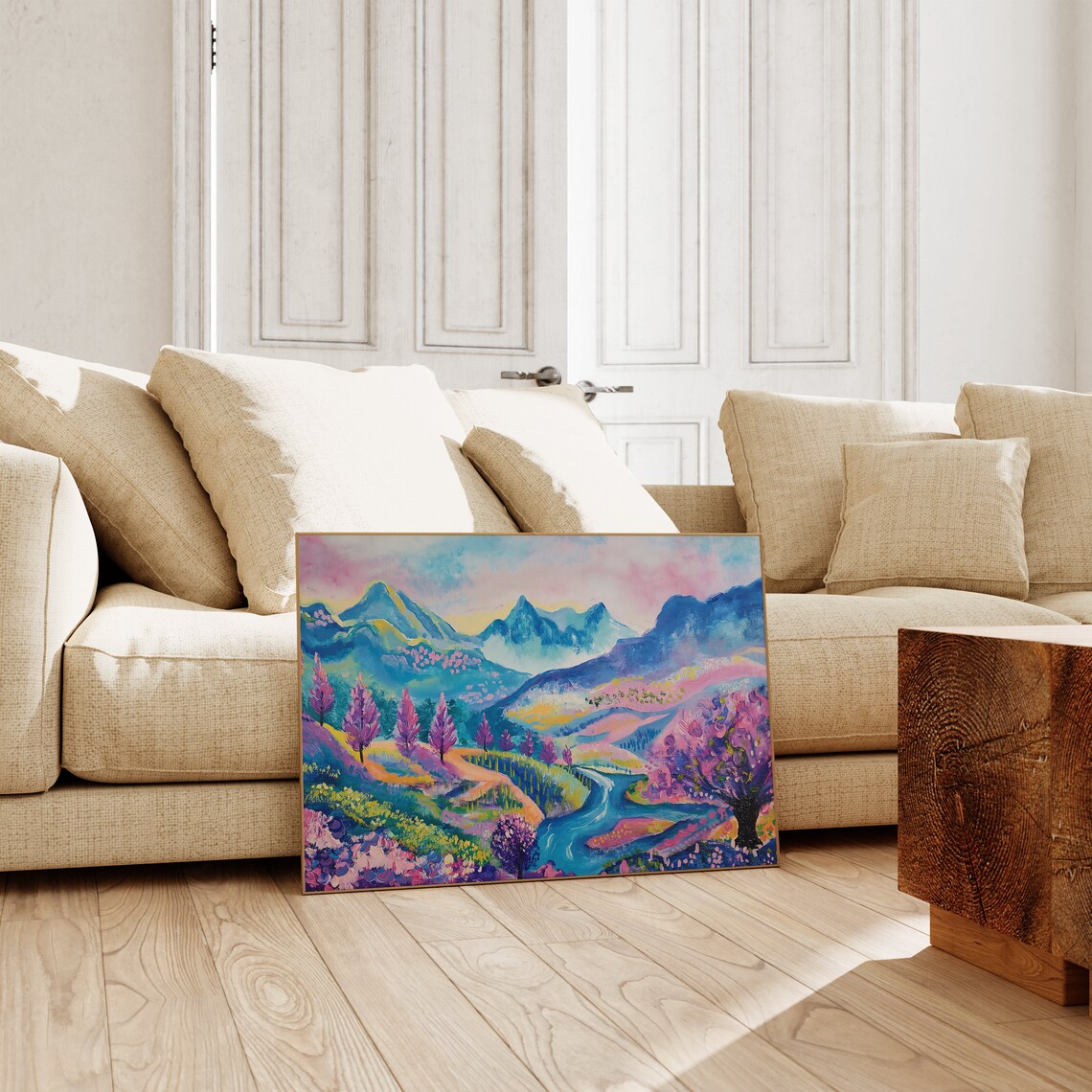 Pink Blue Abstract Mountain Landscape Colorful Floral Art Poster - Image 2