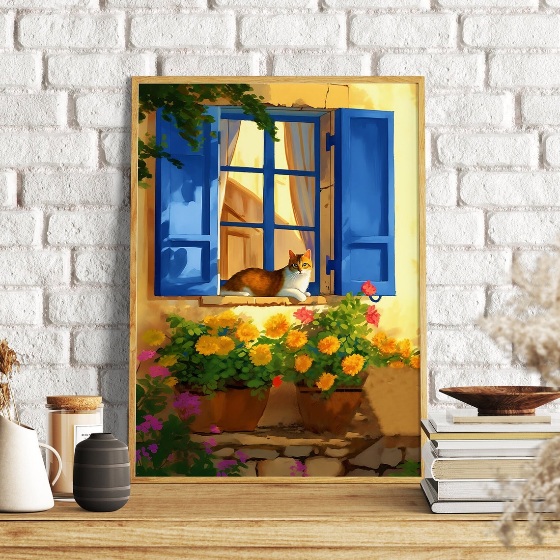 French Cottage Cat Blue Shutters Window Flowers Illustration Print