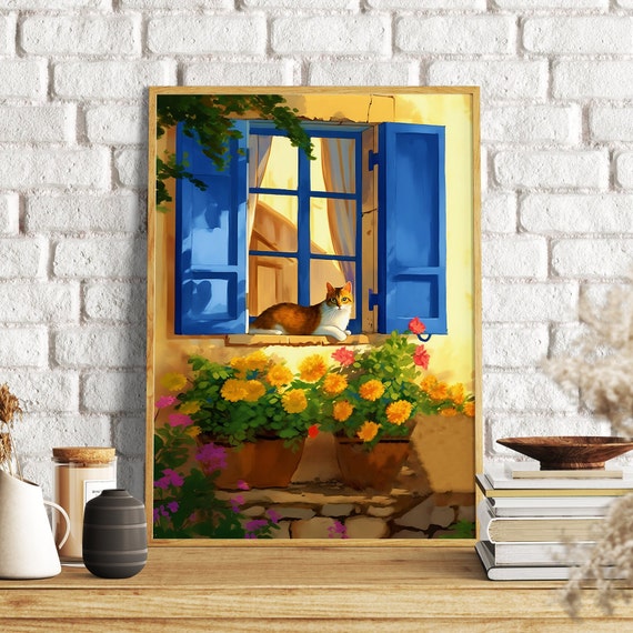 French Cottage Illustration France Travel Illustration Floral Print Funny Cat Print Cat Print