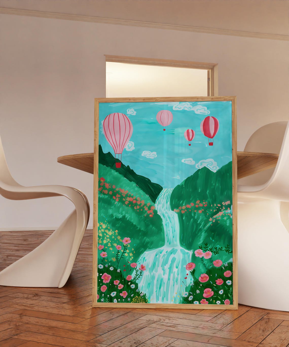 Waterfall Hot Air Balloons Pink Flower Valley Bright Art Scene Poster